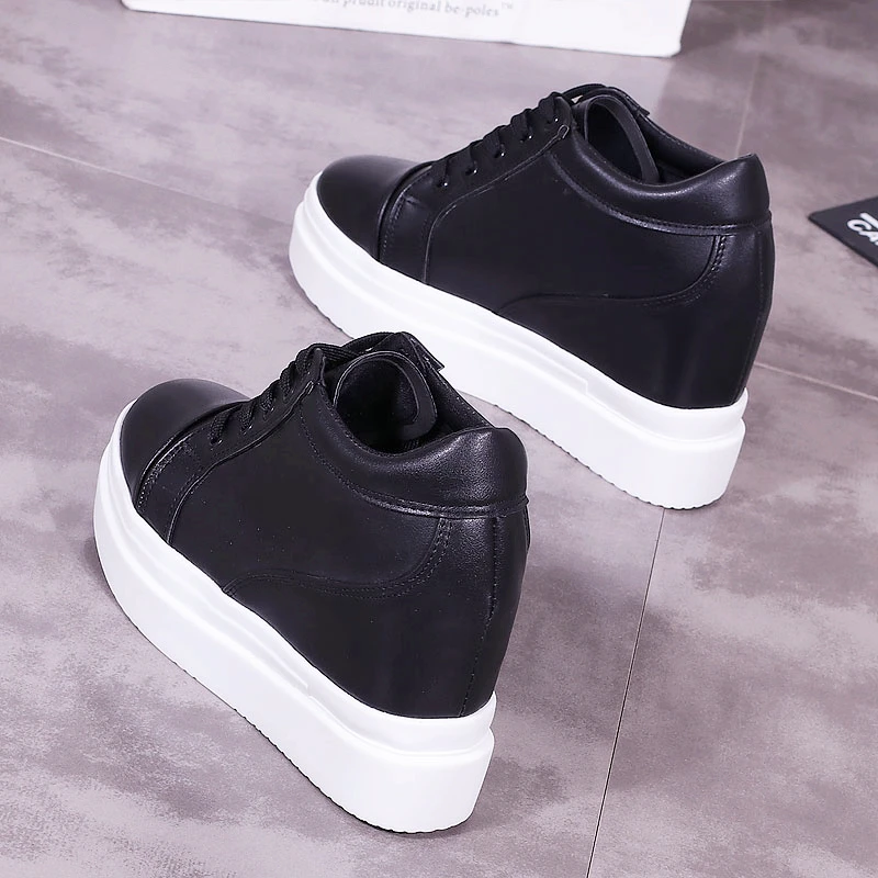 10cm Increase Flat Platform Shoes Female Thick Sole Students Casual Shoes Woman Flats Lace Up Solid White Black Women Shoes