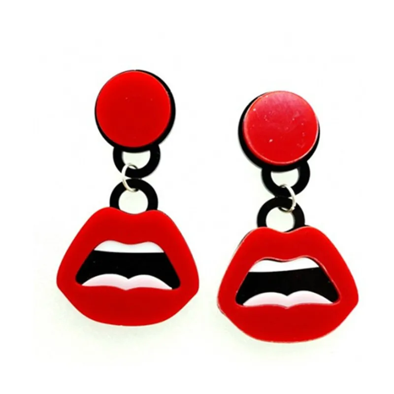 Sexy Hip Hop Face Acrylic Tooth Mouth Red Lips Earrings Geometry