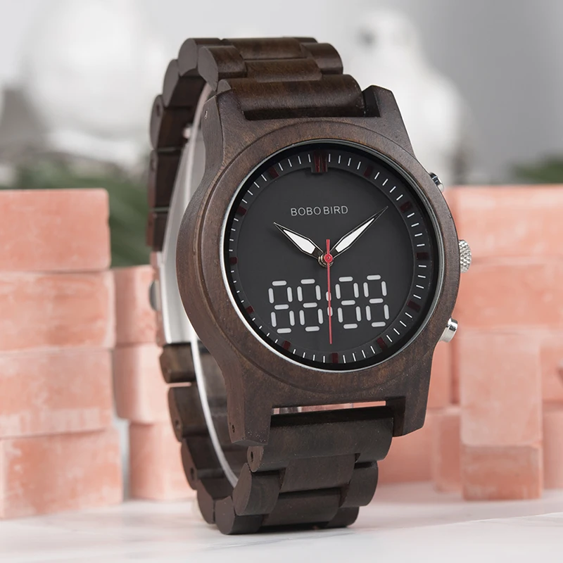 BOBO BIRD Luxury Men Wooden Watches Digital and Quartz Pointer Dual Display Wristwatches Timepiece erkek kol saati In Gift Box