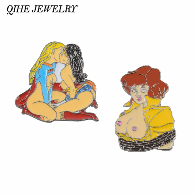 

QIHE JEWELRY Wonder Women and Supergirl Kissing Pins April O'Neal Pin Women Gay Couples Brooches Badges Superhero jewelry