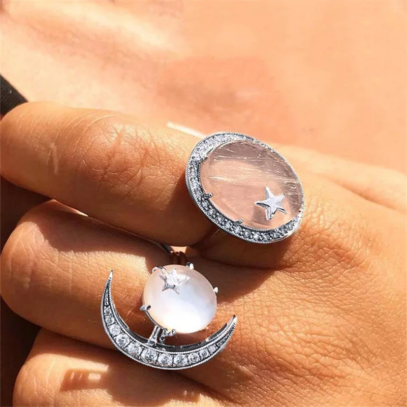 

2 Pcs/Set Boho Women Crystal Gems Moon Star Round Geometry Silver Ring Set Exaggerated Personality Party Clothing Accessories