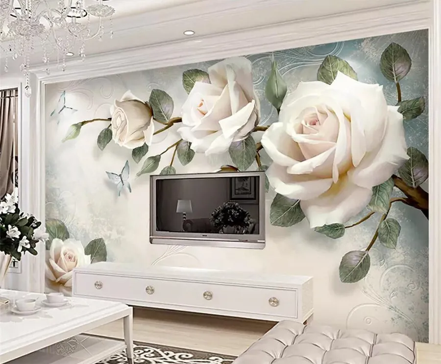 3D Пользовательские Современные фото настенные Бумага роспись белая роза цветы для Гостиная Спальня ТВ фон цветочный декор дома Бумага фотообои обои для стен в рулонах фотообои 3d на стену