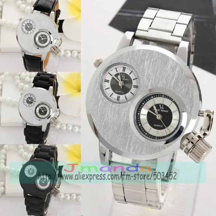 

100pcs/lot V6 Silver Steel Watch Fashion Men Business Silicone Strap Two Movement mens watches top brand luxury