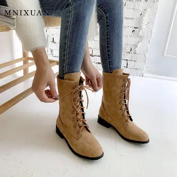

MNIXUAN Classics winter shoes women lace up martin boots 2019 new round toe block medium heels short Motorcycle boots big size42