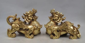 

China Pure Brass Copper Fengshui Avoid Evil Foo Dog Kylin Figure statue Pair
