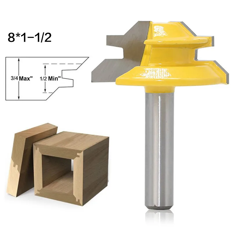 

45 Degree Lock Miter Router Bit 8*1-1/2 Inch Shank Woodworking Tenon Milling Cutter Tool Drilling Milling For Wood Carbide 1Pc