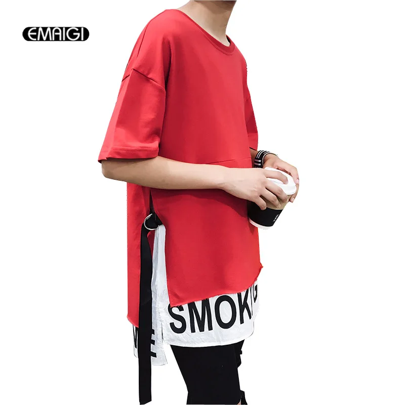 

Ribbon Hem Splice Men Fashion Loose T-shirt Male Boy Short Sleeve Tee Shirt