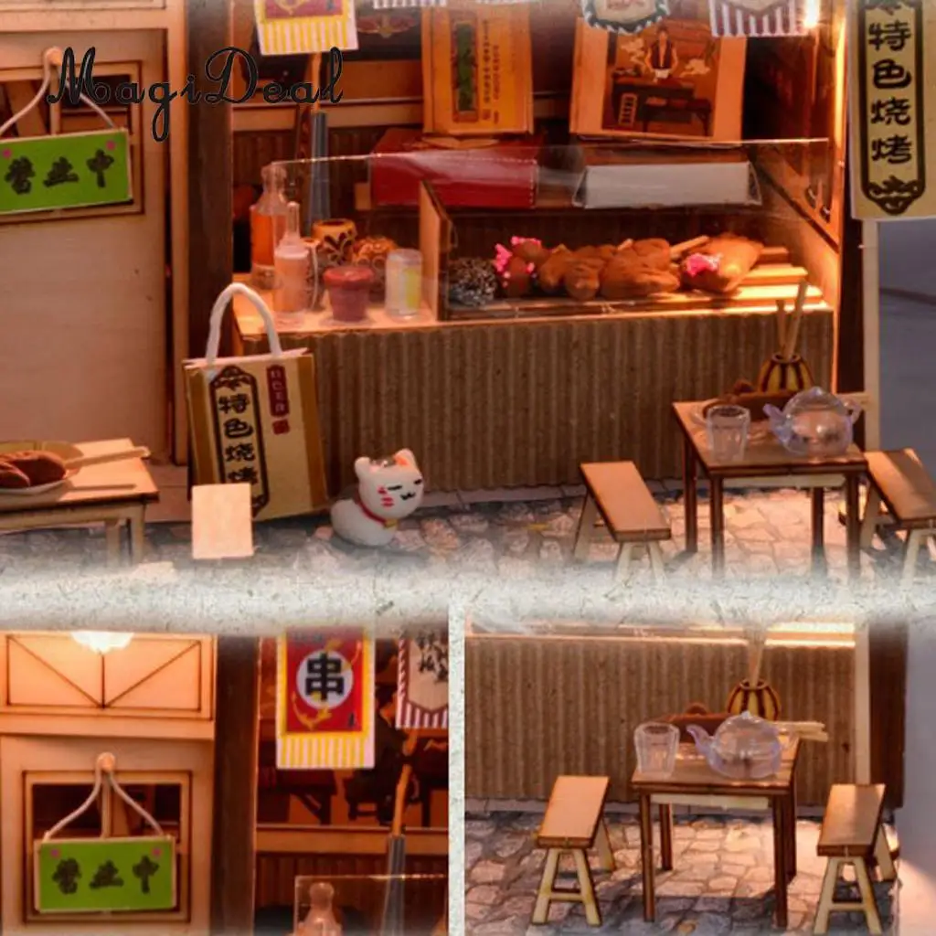 1/24 DIY Dollhouse Miniature Kit with Furniture, Light BBQ Restaurant Gift