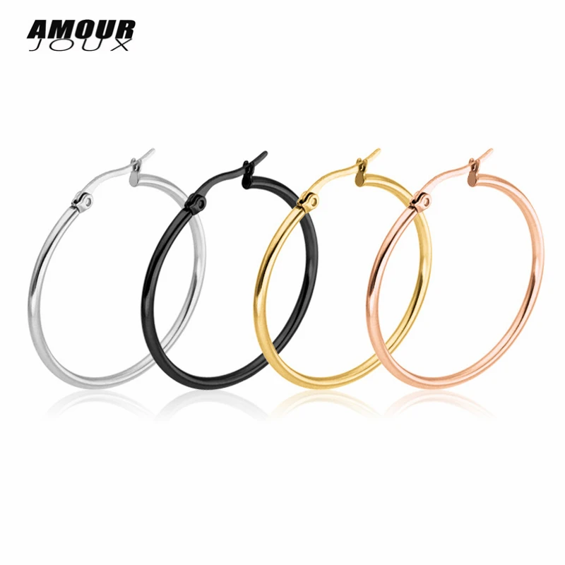

AMOURJOUX Fashion 316L Stainless Steel 4/5/6/7cm Large Gold/White/Black color Round Hoop Earrings for Women Big Hoops Earring