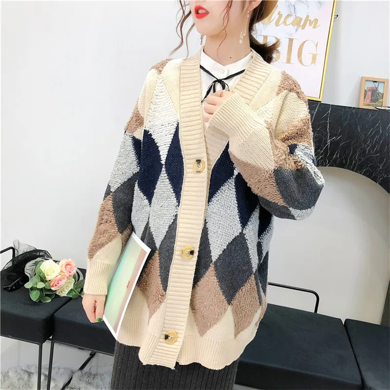 

Geometry Knitwear Soft Loose Simple Style New Autumn Winter Sweater Women Cardigan Female Fashion Long Sleeve Knitted Fashion