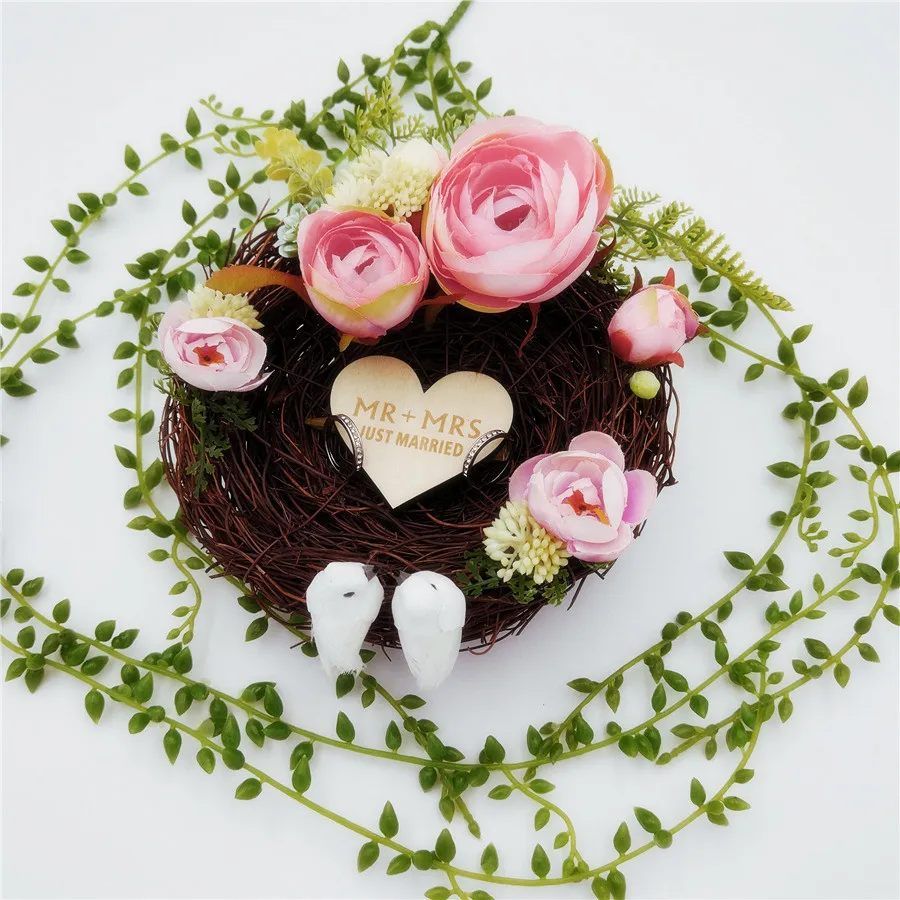 Us 1988 30 Offhandmade Bird Nest Wedding Ring Pillow Forest Style Romantic Pink Camellia Flower Decoration Ring Holder For Wedding 15cm In