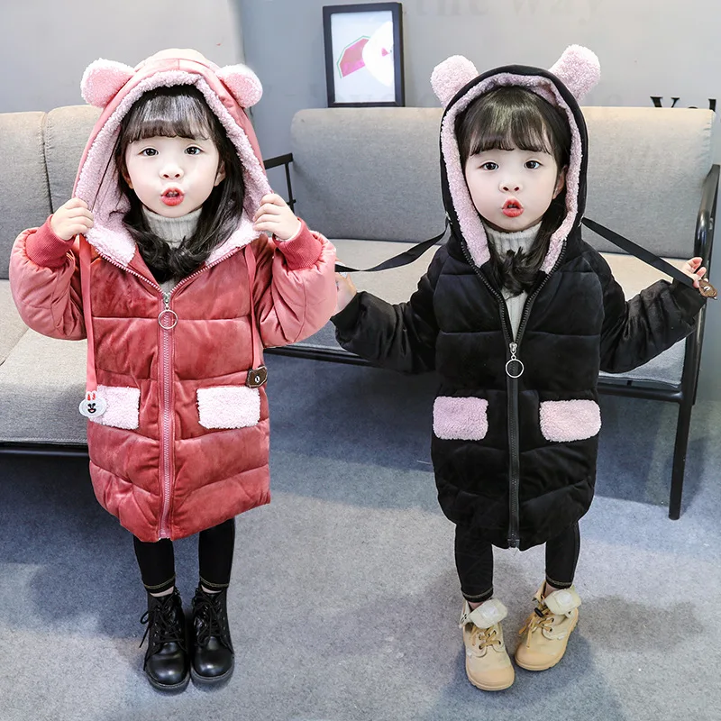 

Casual Girls Down & Parka Cartoon Bear Ear Kids Long Jacket Clothing Lambswool Hooded Baby Girls Coats