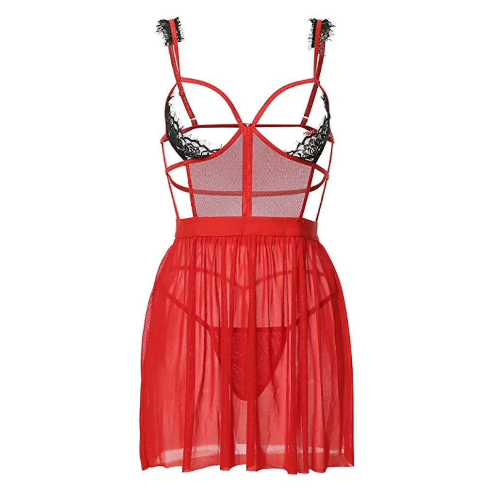 THEFOUND Womens Sexy Teddy Lingerie Babydoll Push Up Solid Lace Babysuit G-String Nightwear - Цвет: Красный