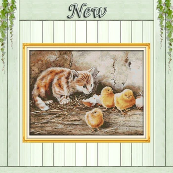 

The lovely curious cat and chicken painting Counted print on fabric DMC 14CT 11CT DIY Cross Stitch Needlework kit Embroidery Set