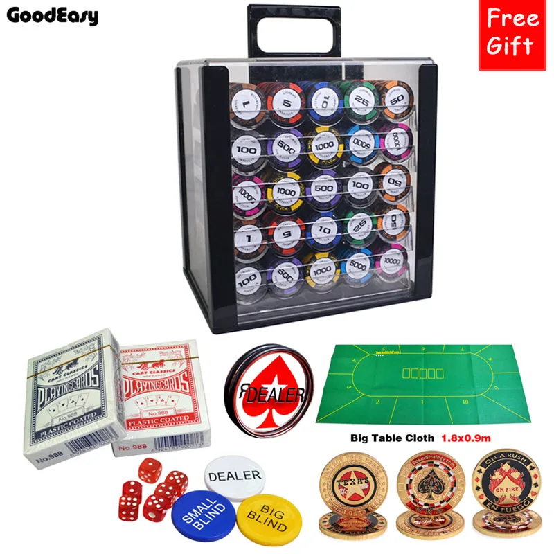 

1000pcs/set Only 3 SET Big Promotion Clay Wheat Poker Chips Sets with Acrylic BOX/Tray/Big Table Cloth/Dealer/Dice/Metal Button