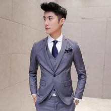 ( Jacket + Vest + Pants ) 2018 New Men’s Groom Wedding Dress Solid Color Formal Suit Three-piece Suits Men’s Slim Business Suits