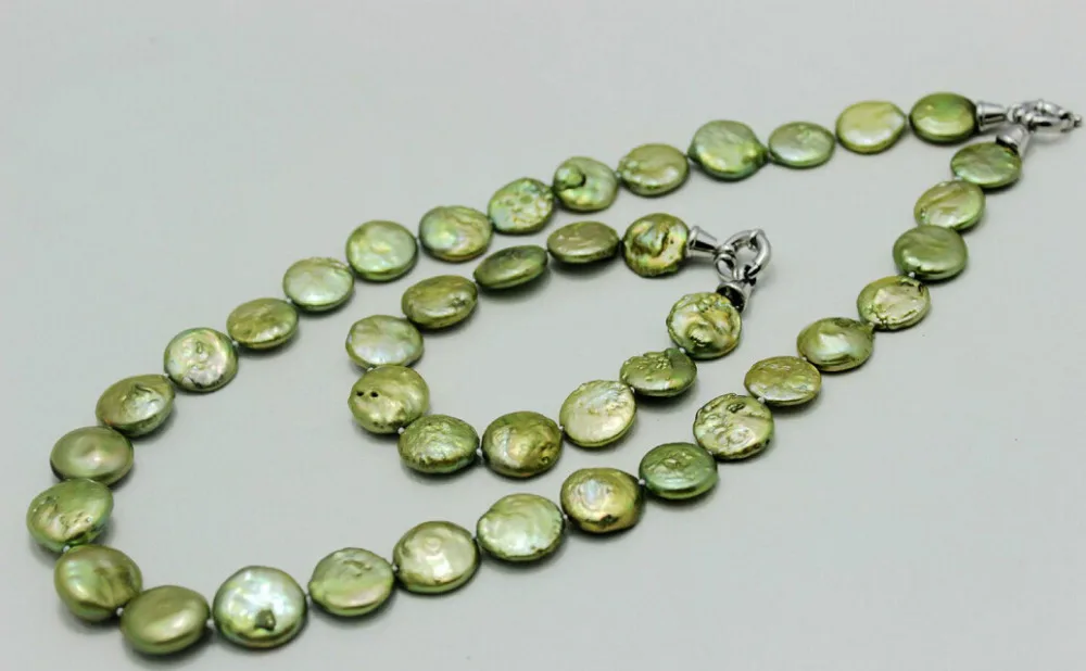 

HOT SELL - j003332 Green coin fresh water pearl set 13-14mm 20"+7.9" -Top quality free shipping