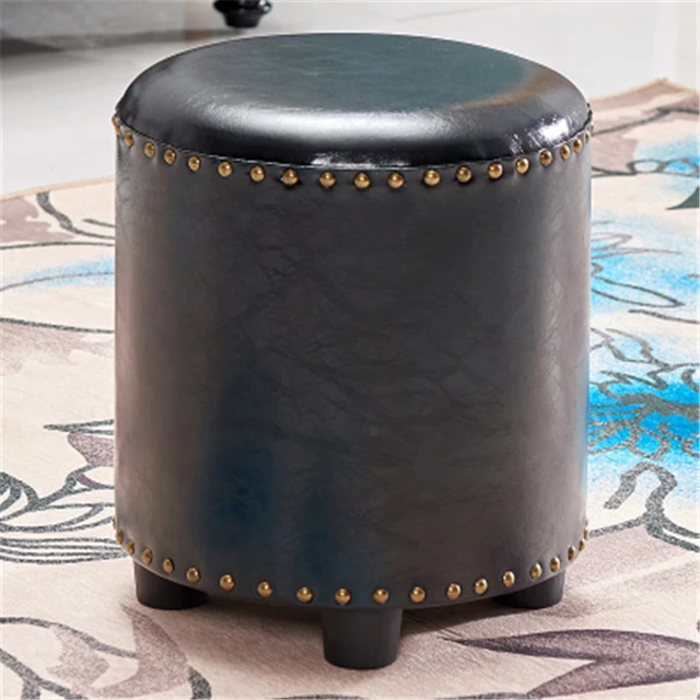 PU Seat Multifunction Low Stool Wooden Household Round Sofa Stool