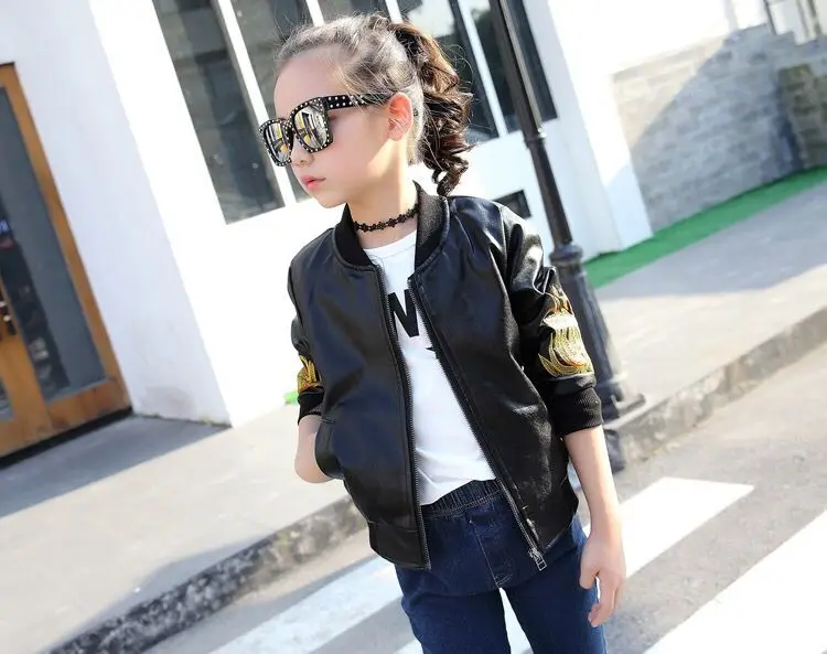 Girls' Jackets Stitched Flower PU Leather Jacket Girls Jackets Size 12 Motorcycle Leather Girls Coat 6
