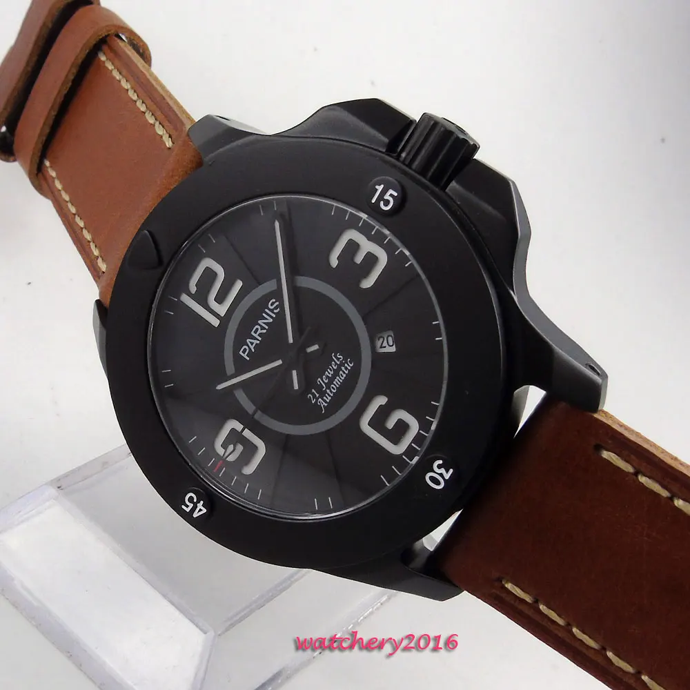 

47mm Parnis black dial pvd Sapphire Crystal Date Brown Leather Luminous Hands 21 jewels Miyota Automatic mechanical Men's Watch