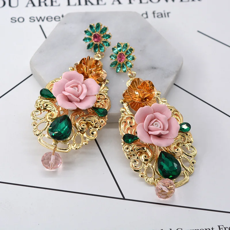 Fashion flower geometric long earrings for women