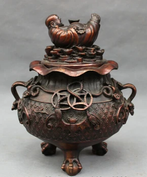 

008671 9" Chinese Pure Bronze RuYi BAT Maitreya Buddha Statue Incense Burner Censer