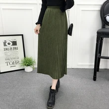 Casual Pleated Skirts Womens Autumn 2017 New Arrival Fashion Long Skirt Velvet High Waist Elastic Solid Women Skirt Black Gray