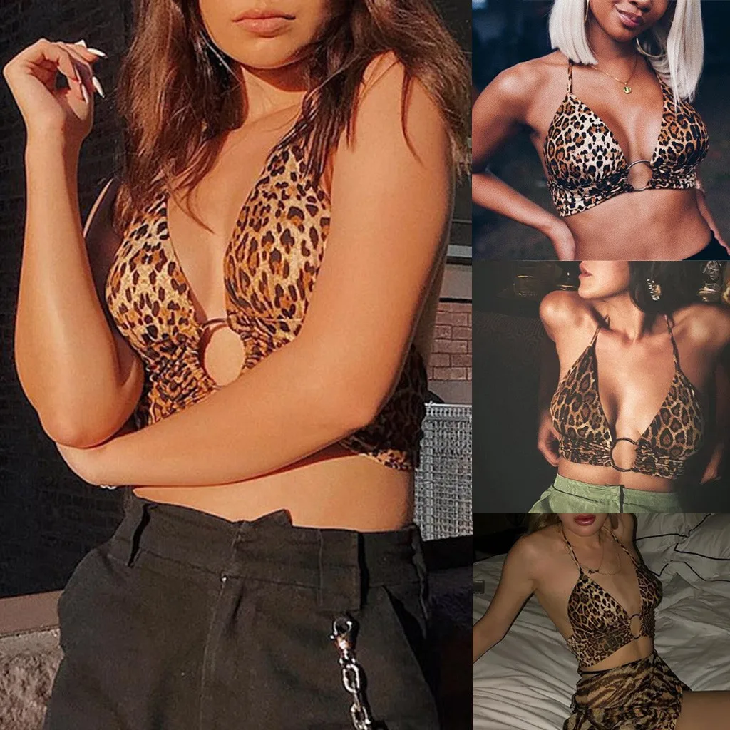 

2019 New Women Fashion Sexy Leopard Print Bra Summer Bandage Halter Crop Top Unpadded Bras For Women