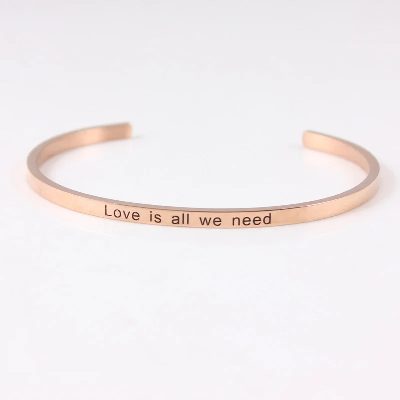 

Rose Gold Stainless Steel Engraved LOVE IS ALL WE NEED Positive Inspirational Quote Cuff Mantra Bracelet Bangle