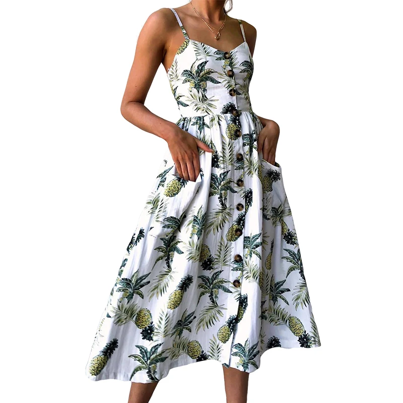 

New Boho Off-shoulder Party Beach Sundress Spaghetti Long Dresses Plus Size Fashion Summer Women Button Decorated Print Dress
