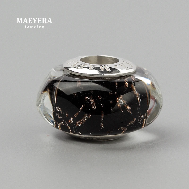 MAEYERA подлинные 925 пробы серебряные бусины лэмпворк черные золотые песочные бусины из муранского стекла подходят к Европейскому браслету 920361