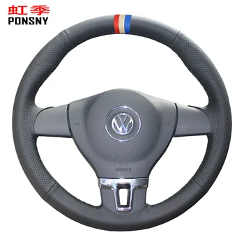 

PONSNY Artificial Leather Car Steering Wheel Cover for Volkswagen VW Tiguan Lavida Passat B7 Jetta Mk6 Black with Tricolor Sign
