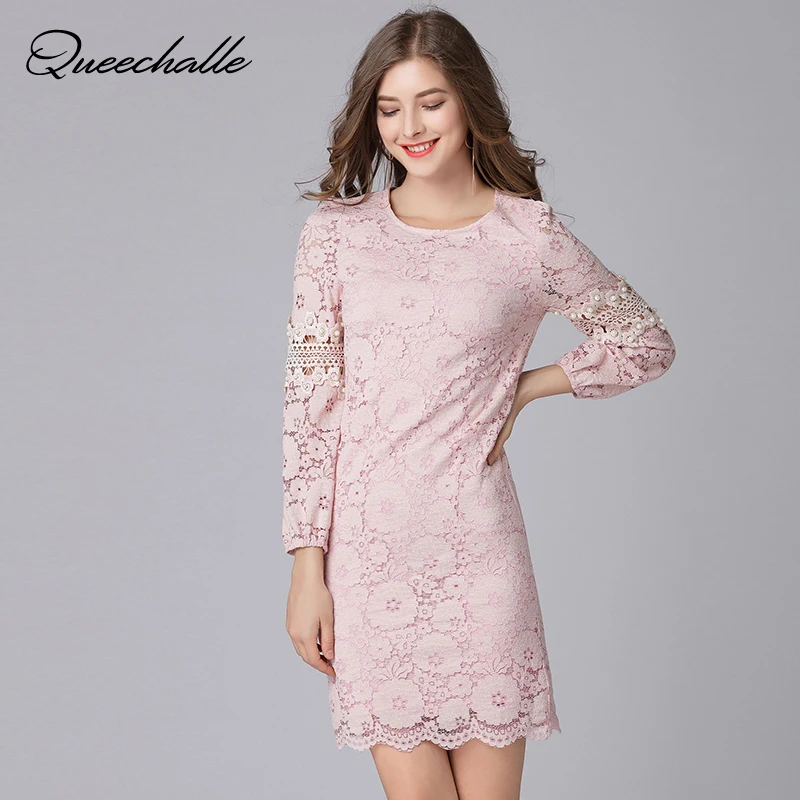 

Queechalle Pink Big Size Sweet Slim Lace Dress Sexy Hollow Out Beading Long Sleeve Women Dress 3XL 4XL 5XL Plus Size Vestidos