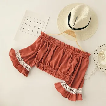 

2019 Sexy Blouse Strapless Cropped Top Off Shoulder Chiffon Blouse Half Sleeve Short Tops