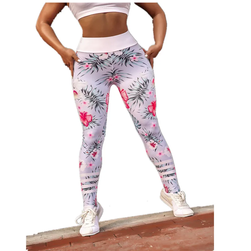 

[AoSheng] Flower Leggings White Stretchy Plus Work Out Woman's Fitness Running Sport Leggings Womens Workout Leggings