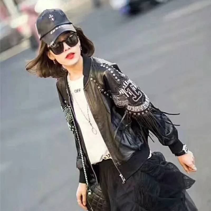 

MAPLESTEED Natural Sheepskin Women Leather Jacket Tassels Batwing Sleeve Lambskin Leather Coat Woman Leather Outwear Spring M122
