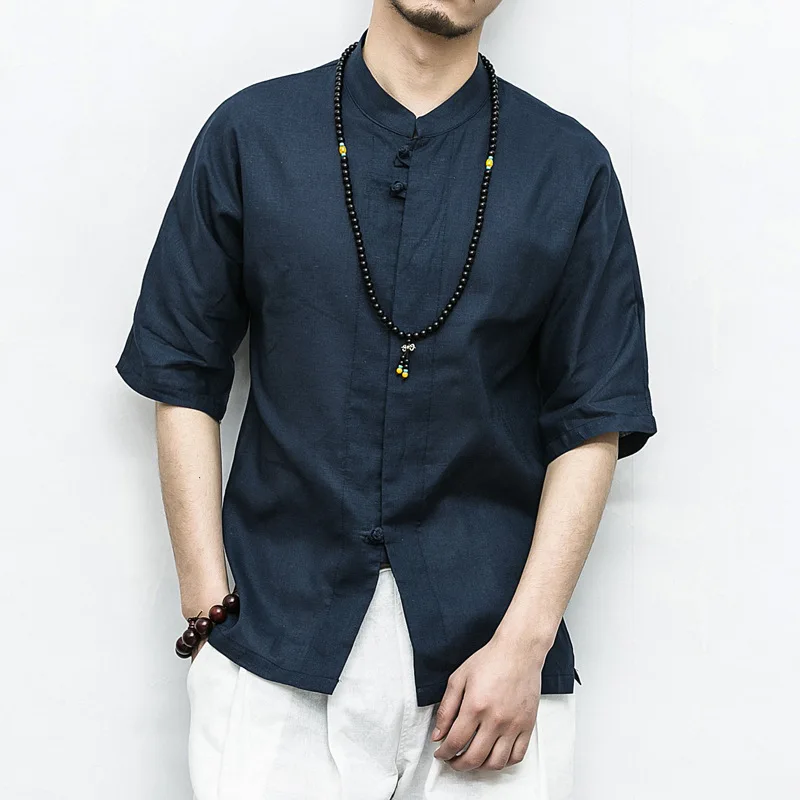 Для мужчин Хлопковые льняные рубашки китайский Стиль воротник-стойка традиционный кунг-фу Тан Костюмы Повседневная рубашка плюс Размеры 5XL блузка Hanfu - Цвет: Тёмно-синий