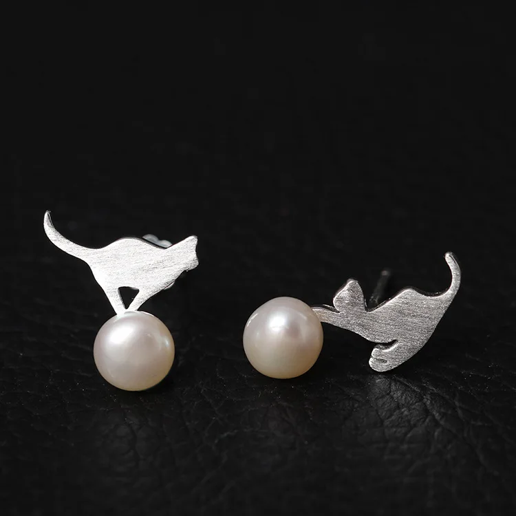 cat pearl 100% 925 Sterling silver Jewelry fashion Hypoallergenic Stud earrings for women gift