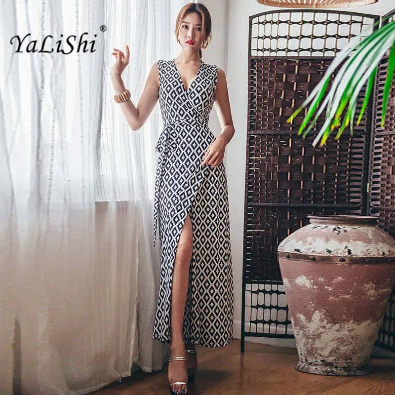 Женское пляжное платье YaLiShi черно-белое клетчатое с V-образным вырезом Бандажное
