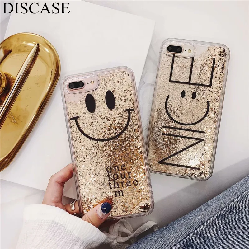 

DISCASE Fashion Glitter Dynamic Quicksand Phone Case For iphone 6 6s plus X 8 7plus Case Solid Color Smiley Love Back Case Cover