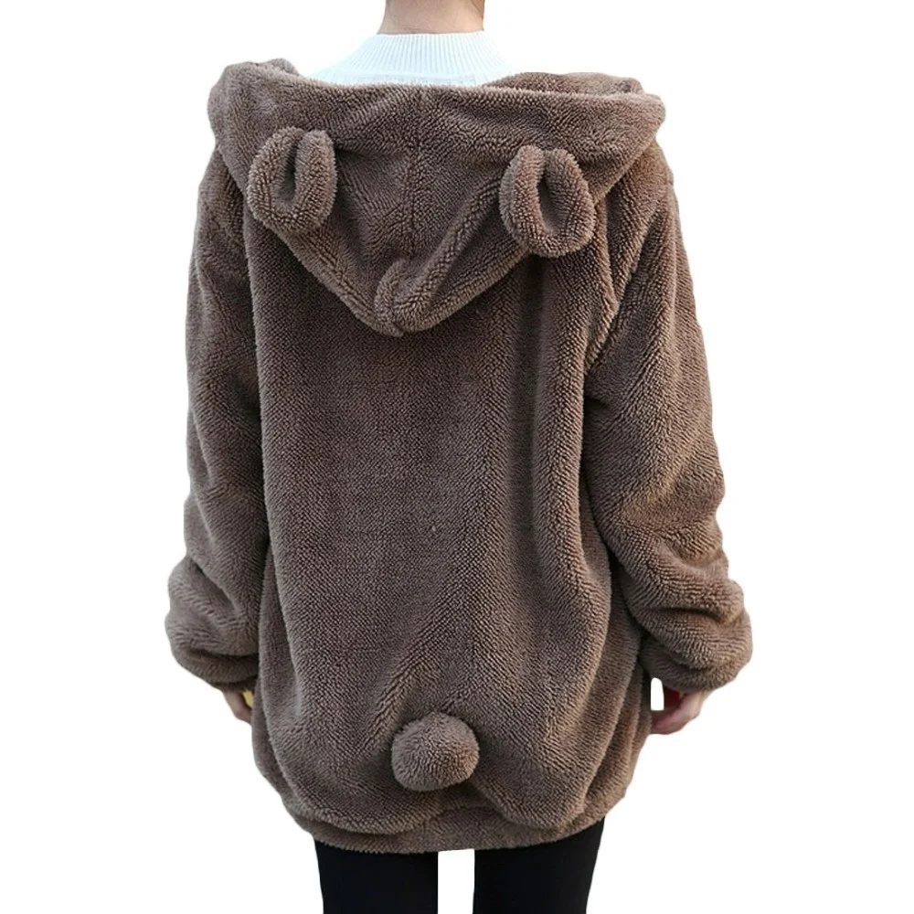 Женские милые толстовки, пальто, зимние свободные пушистые медвежьи ушки, куртка с капюшоном, Kawaii, теплая верхняя одежда, пальто, милые толстовки, пальто, топы - Цвет: coffee