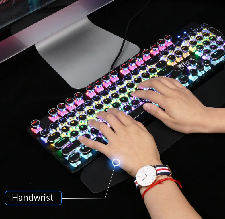 Игровая механическая клавиатура с подсветкой в стиле ретро панк, круглая клавиша, светящаяся клавиатура с буквами и алфавитом, с подсветкой, 104 клавиш, проводная USB