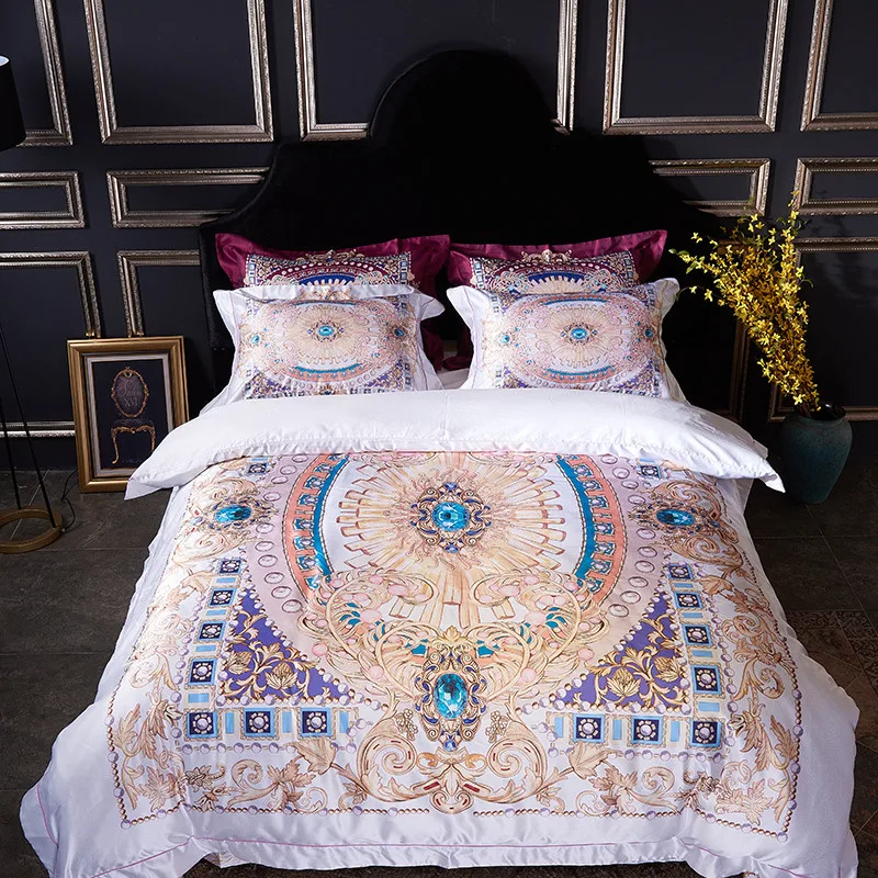 

2017 Cotton Imitated Silk Luxury Bedding Set digital printing Bed Set King Queen Boho Bed Linens Duvet Cover Bed Sheet