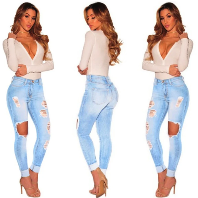 Модные узкие брюки Для женщин потертые джинсы Для женщин стрейч Высокая талия Узкие рваные постепенное изменение джинсы Дырчатые джинсы