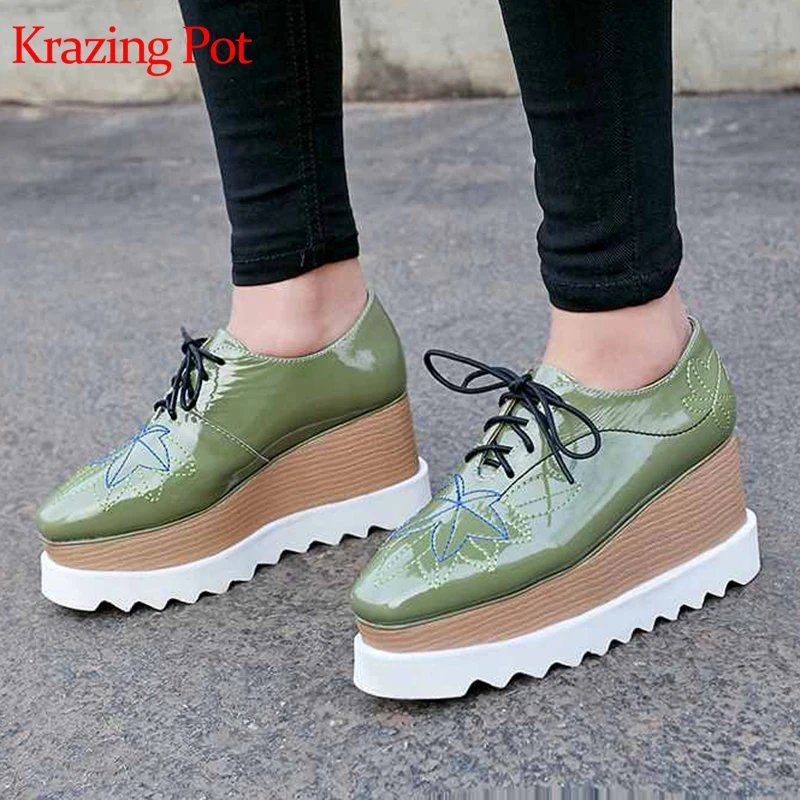 

Krazing Pot 2019 hot sale high fashion cow leather embroidery wedges high heel pumps high qulity custom made luxury shoes L02