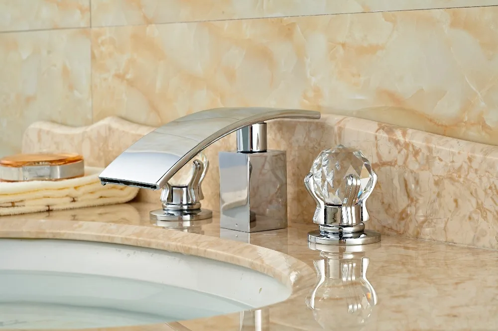 

Crystal Handles Waterfall Bathroom Basin Faucet Double Handles 3 Holes Mixer Tap