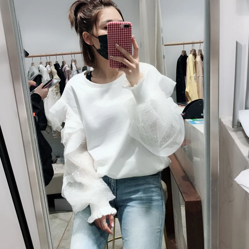 Весенняя мода уличная гофрированный фонарик с блестками Рукав Толстовка Женский Повседневный пуловер с капюшоном плюс размер