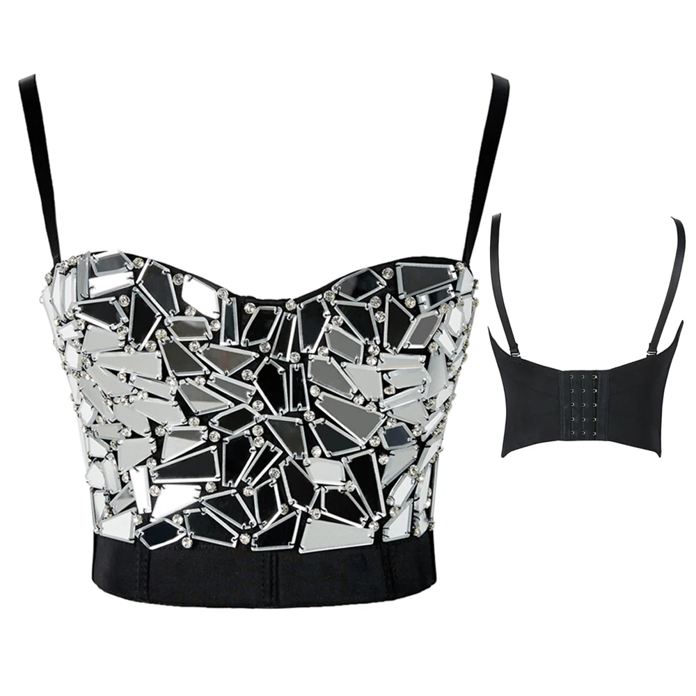 

Women's Glitter Rhinestone Crop Top Rave Festival Shiny Silver Sexy Sequin Tank Tops Bra for Party Night Club Camis