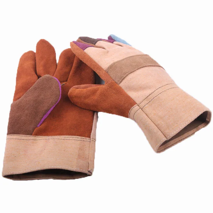 

Free shipping 2pairs wear-resistance Cow suede leather palm/ finger safety work glove/ welding gloves with denim cloth back&cuff