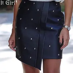 2019 Новая модная летняя женская юбка аномалия заклепки украшения Империя Сексуальная юбка карандаш мини Pu Лоскутная кожаная юбка Z54